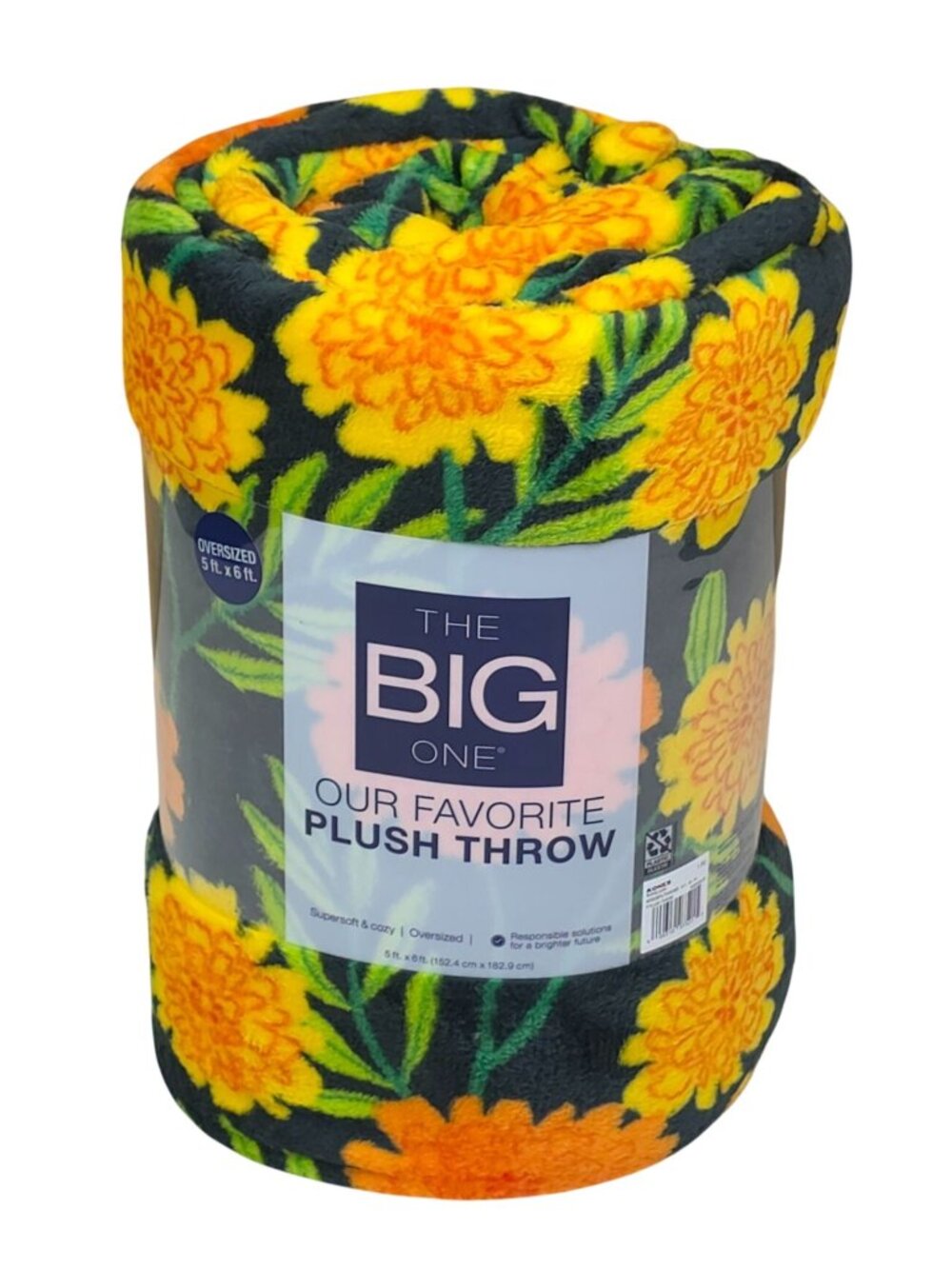 The Big One Oversized Plush Throw Blanket 5' x 6' Marigold Floral Pattern Green